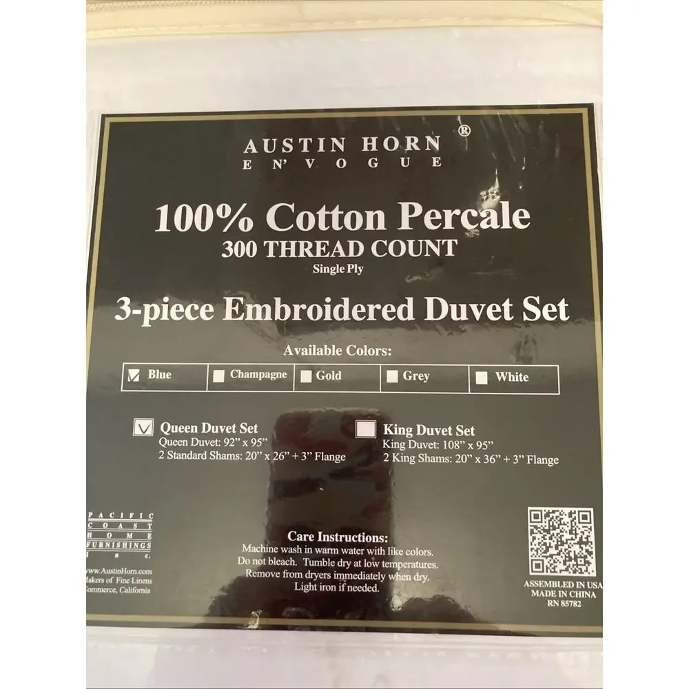 Austin Horn-Luxury Cotton Duvet Set blue embroidery/white cotton-Queen Cp. $150
